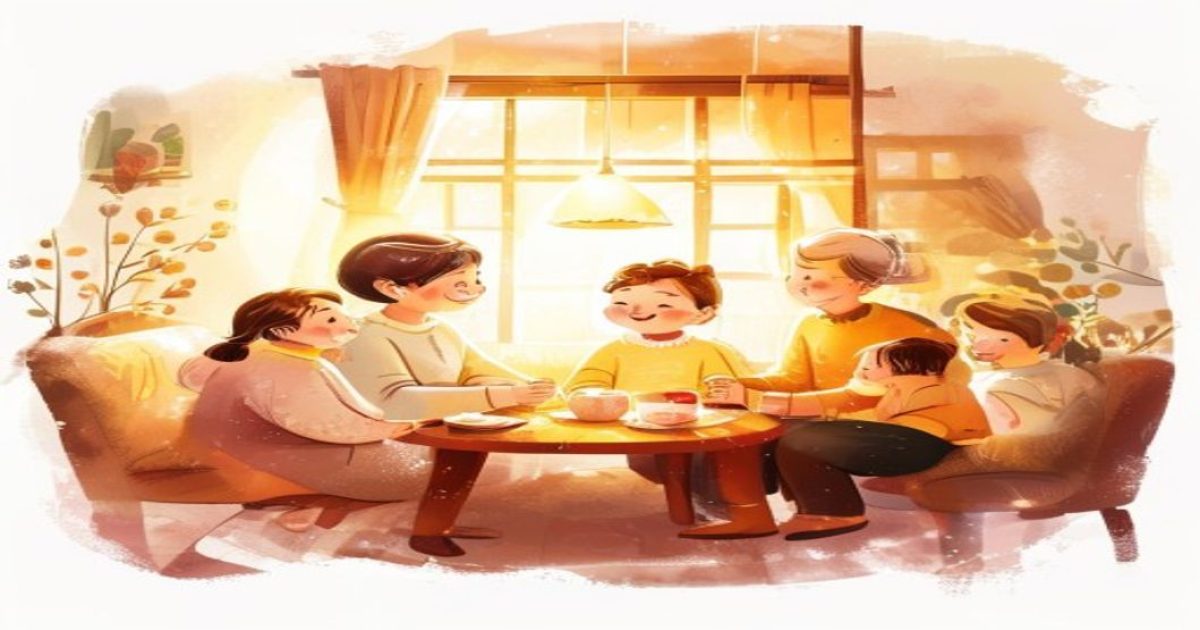 温馨家庭场景中善良的小姨子与家人围坐在一起，暖色灯光下充满爱与温情，复古暖色调营造出家的幸福感